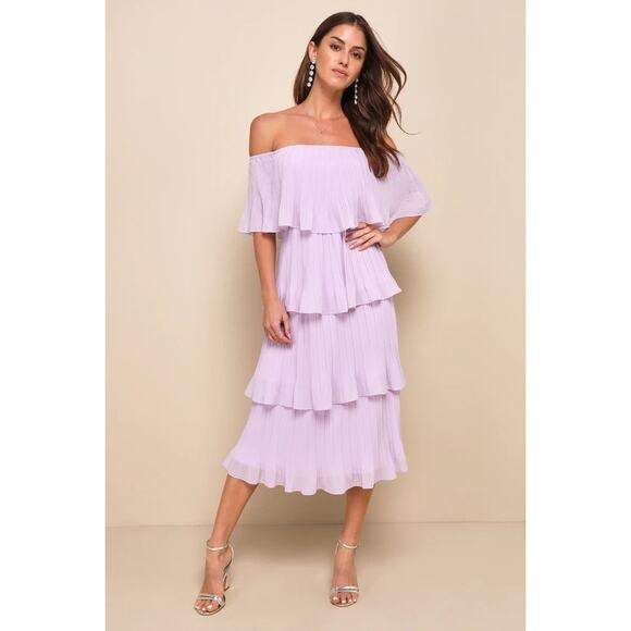 NWT Lulus Gala Ready Lavender Off-the-Shoulder Ruffle Midi Dress Wedding Size M - Picture 1 of 6